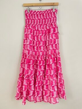 NWT J.Marie Bright Pink Cowgirl Boots  Tiered Smocked Midi Skirt Size Small